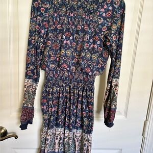 Xtraordinary Navy Floral Smocked Maxi Dress with Pink and Yellow Accents